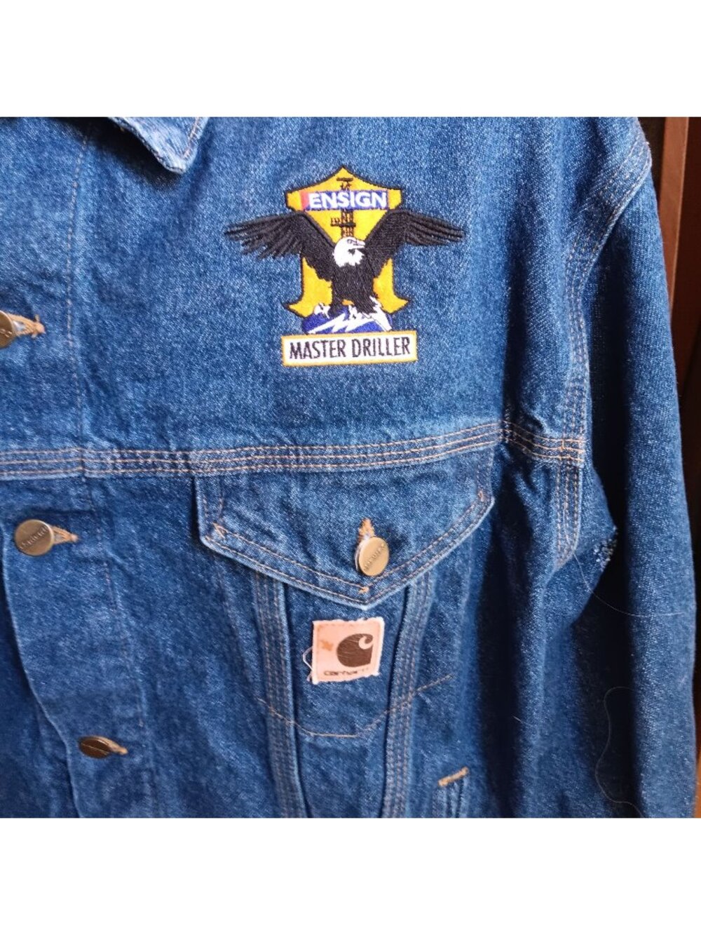 XL Vintage Carhartt Jacket J12DST Denim Ensign Master Driller Patch Distressed